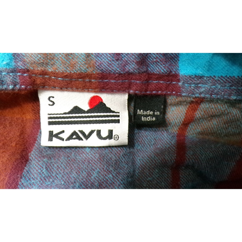 Kavu Women's S Plaid Button Flannel Shirt Teal Burgundy Pocket Hiking Gorpcore - Picture 3 of 11